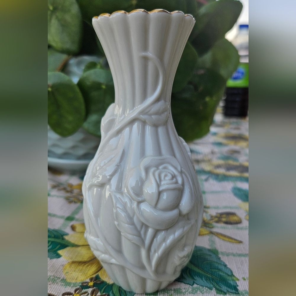 Lenox White Ceramic Vase with Floral Design